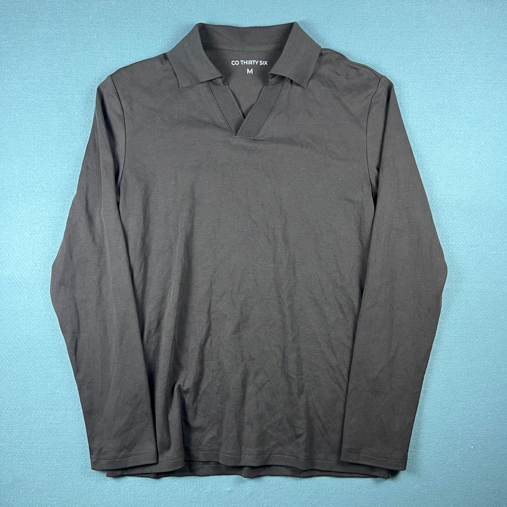 Co Thirty Six Mens Long Sleeve Johnny Collar Polo Shirt Dark Grey Brown Size M